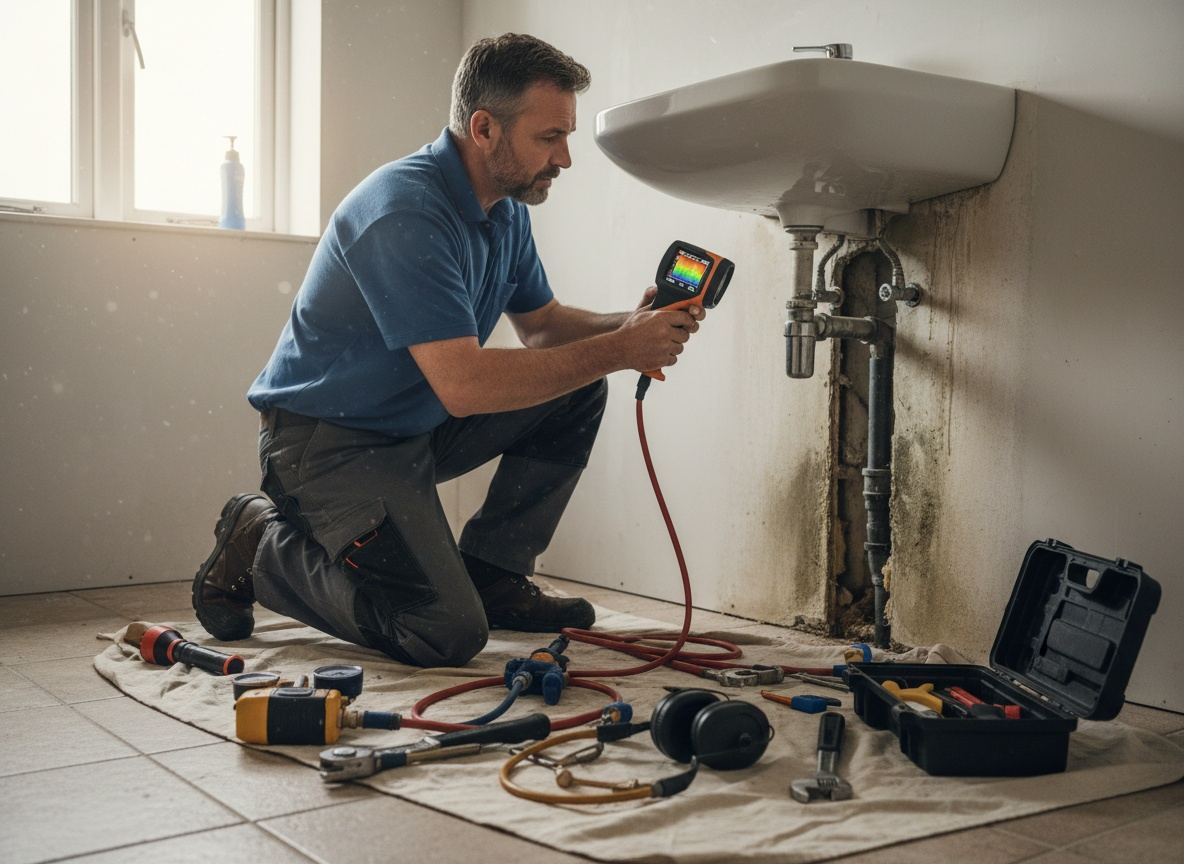 Monteur van Koperwerk zoekt met een warmtecamera een lek achter een badkamerwand