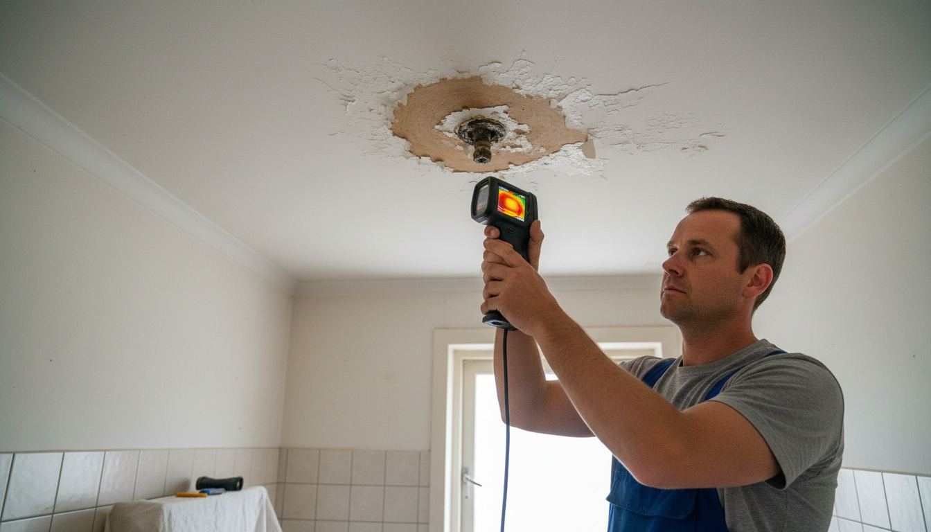 Voor: badkamerplafond met een waterkring onder een lekke koppeling